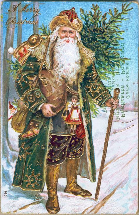 1910: a postcard with a gold embellished Santa Claus in a green coat is issued in Germany Santa Camera, Santa Klaus, Santana Lopez, Camera Pictures, Victorian Santa, Saint Nick, Vintage Christmas Images, Santa Claus Is Coming To Town, Vintage Santa Claus