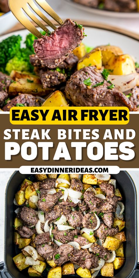 Juicy Air Fryer Steak Bites with Potatoes is a 30 minute, one pot meal. Tender, cubed steak and crispy potatoes are the perfect combo! Budget Air Fryer Meals, Air Fryer Steak And Potatoes, Steak Bites Potatoes, Butter Steak Bites And Potatoes, Steak Bites With Potatoes, Steak Bites And Potatoes, Easy Steak Dinner Recipes, Easy Steak Dinner, Air Fryer Steak Bites