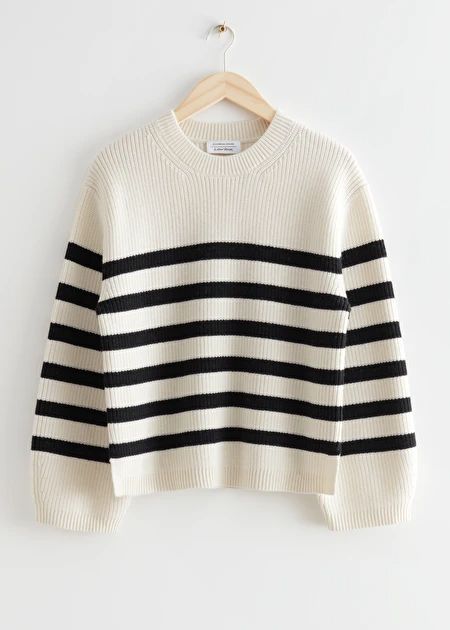 Striped Crewneck Knit Jumper - White/Black Stripes - Sweaters - & Other Stories US Stripe Jumper, Striped Crewneck, Trouser Outfits, Pullover Outfit, Crew Clothing, Extra Long Sleeves, Knitting Women Sweater, Cool Sweaters, Fashion Story