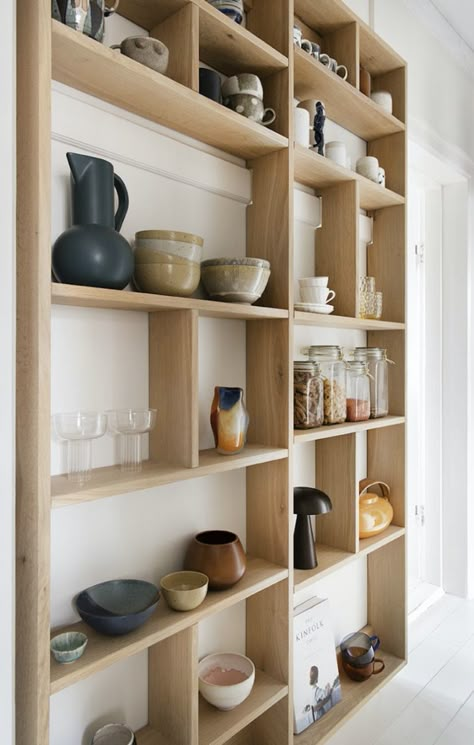 Wall Wood Shelf Ideas, Kitchen Spice Shelves, Shallow Kitchen Storage, Shallow Kitchen Shelves, Built In Shelf Kitchen, Shallow Shelving Ideas, Dish Shelves, Kitchen Bookcase, Wood Shelves Kitchen