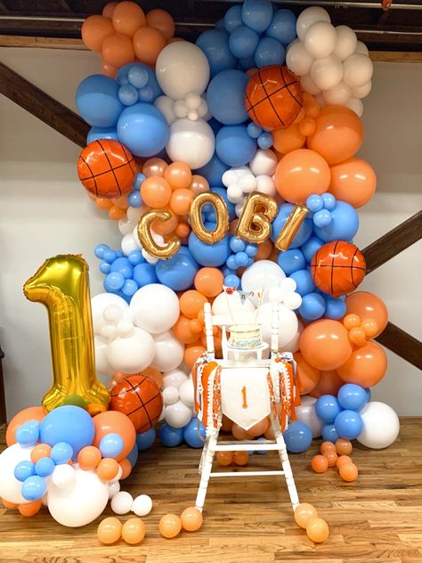 Basketball balloons, myler balloons, balloon wall, first birthday decorations Basketball Birthday Party Balloons, 1st Birthday Party Basketball Theme, Basketball Birthday Balloon Arch, Basketball First Birthday Party Ideas, Sports Party Balloons, And 1 Basketball Birthday Party, Basketball Theme Balloon Garland, All Star First Birthday Sport Theme, 1st Basketball Birthday Party