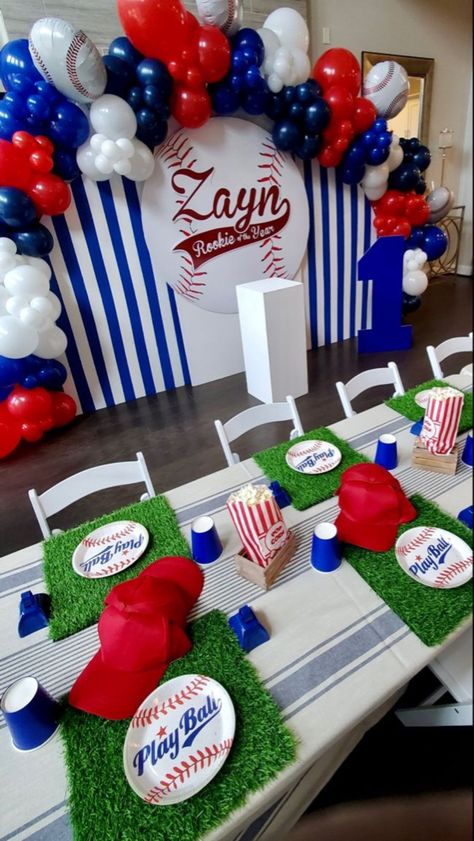 Rookie Year Decorations, Baseball Balloon Arch Birthday Parties, Rookie Of The Year First Birthday Decorations, Baseball Backdrop Birthday Parties, Baseball Decorations Party Ideas, Braves Themed Party, Baseball Theme 1st Birthday Party, Baseball Birthday Party Backdrop, Rookie Birthday Party