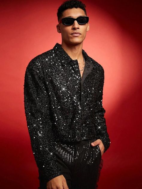 FeverCity Men's Plain Button Front Long Sleeve Shirt With Simple Sequin Decor, Casual Style, Rave Shirt, For Going Out, Boyfriend Gift | SHEIN USA Rave Shirt, Party Shirts Men, Rave Shirts, Gay Outfit, Sequin Decor, Party Shirts, Maternity Bag, Long Sleeve Shirt, Women Clothes Sale