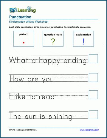 Students punctuate the ends of different types of sentences (statements, questions, imperative / exclamatory) with periods, question marks and exclamation marks. Free | Writing | Worksheets | Kindergarten | Printable Punctuation Kindergarten, Spring Kindergarten Worksheets, Kindergarten English Worksheets, Teaching Punctuation, Writing Worksheets Kindergarten, Free Kindergarten Printables, Kindergarten Photos, Punctuation Worksheets, English Worksheets For Kindergarten