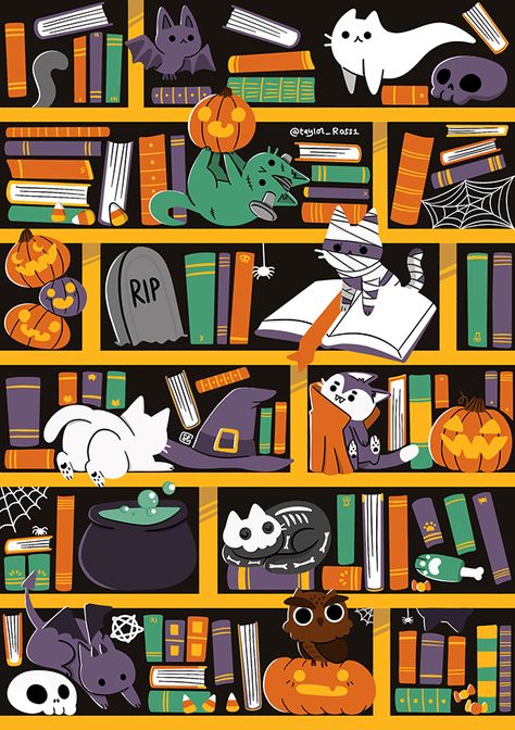 Cute Book Aesthetic Wallpaper, Spooky Library, Halloween Library, Spooky Books, Stickers Books, Cat Book, Illustration Procreate, Search And Find, Halloween Backgrounds