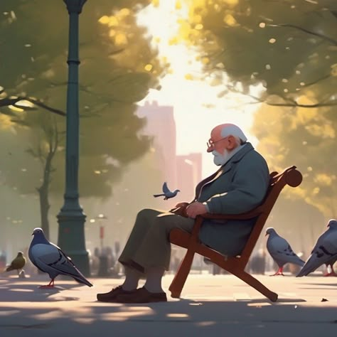 there is a painting of an old man sitting on park chair with a pigeon on shoulder, New York City park, concept art of single boy, sergey kolesov, animated film, concept art for movie, in style of atey ghailan, pixar concept art, by Goro Fujita, atey ghailan 8 k, animated film still, animated movie still, inspired by Atey Ghailan Picture Book Character Design, Old Man Concept Art, Old Man Illustration, Park Concept Art, Sergey Kolesov, Chair Cartoon, Atey Ghailan, Goro Fujita, Pixar Concept Art