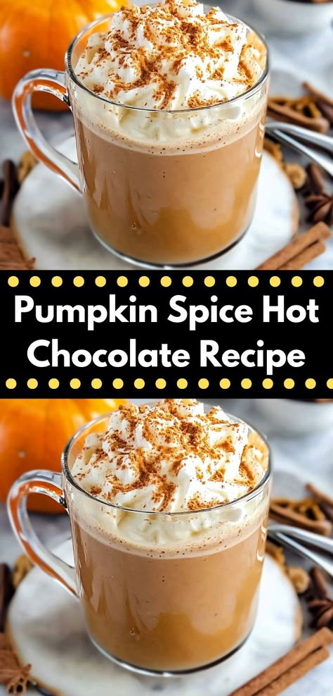 Craving a cozy drink? Try this Pumpkin Spice Hot Chocolate Recipe! It's a delightful twist on classic hot chocolate recipes, perfect for pumpkin recipes lovers. Enjoy it as a sweet treat with dinner ideas or lunch recipes. Pumpkin Spice Hot Chocolate Recipe, Unique Hot Chocolate, Pumpkin Drink Recipes, Fall Hot Chocolate, Pumpkin Spice Hot Chocolate, Spice Hot Chocolate, Hot Chocolate Ideas, Halloween Brunch, Warm Drinks Recipes