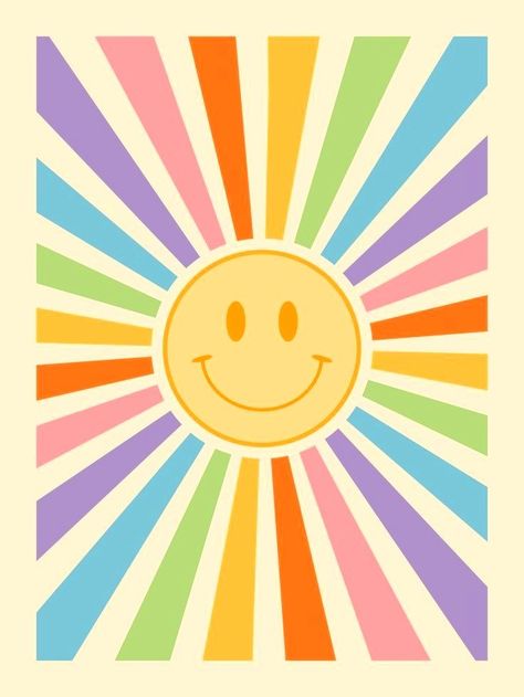 Smiley Sun, Retro Smiley Face, Calming Corner, Sun Wall Art, Living Room Nursery, Retro Sun, Posca Art, Preppy Wallpaper, Retro Rainbow