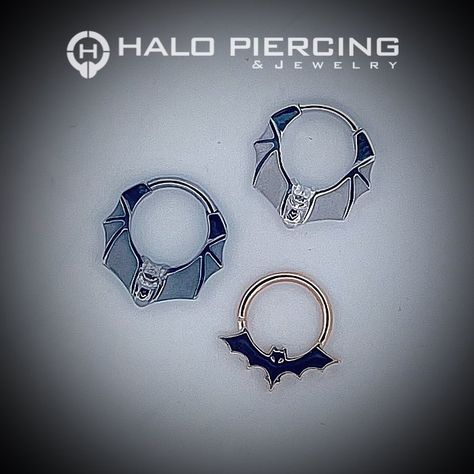 Gold bat clickers from BVLA and bat enamel seam ring. #Halo #AZ #HaloPiercing #HaloJewelry #halopiercingandjewelry #phoenixpiercing #piercingexperts #LocalAZ #BodyJewelry #piercing #AZpiercer #BodyPiercing #MedlockPlaza #LocalFirstAz #gcu #asu #CentralAndCamelback #septumpiercing #daithpiercing #curatedpiercing #uptownphoenix #womeninbusiness #jewelrylovers #musthave #jewelry #earcandy #curatedearpiercing Bat Ring, Piercing Studio, Jewelry Bracelets Gold, Daith Piercing, Septum Piercing, Nature Jewelry, Body Jewelry, Halo, Gold Jewelry