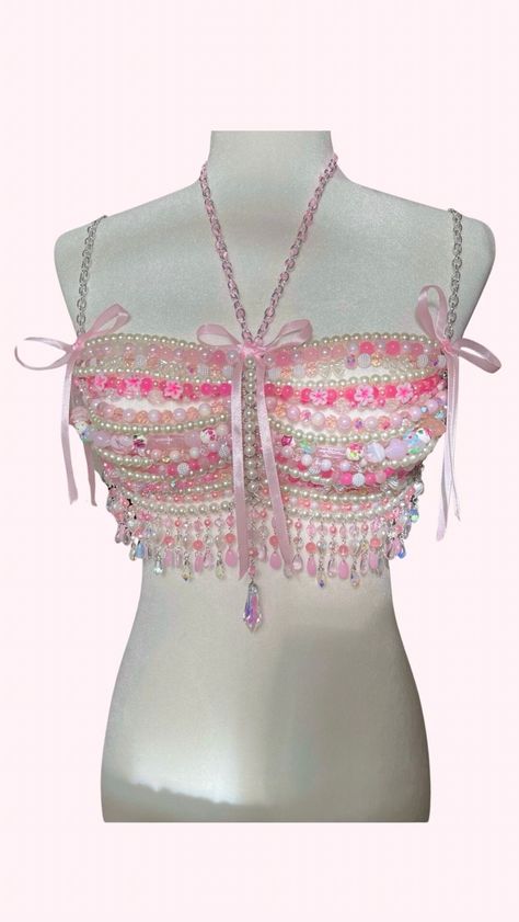 Pink pearly beaded bralette, coquette themed, body jewelry, beaded top Beaded Bralette, Diy Bralette, Beaded Bra, Jewelry Beaded, Belly Chain, Clothing Websites, Beaded Top, Bralette Tops, Keep Jewelry