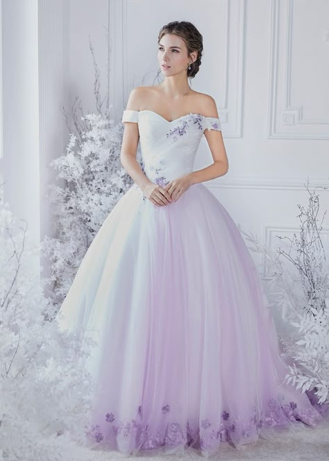 Lilac Purple Wedding Dress, White Dress With Purple Accents, Purple Accent Wedding Dress, White Wedding Dress With Purple Accents, Wedding Dress With Purple Flowers, Purple Wedding Dress The Bride Lavender, Wedding Dresses With Purple Accents, White And Lavender Wedding Dress, Pastel Purple Wedding Dress