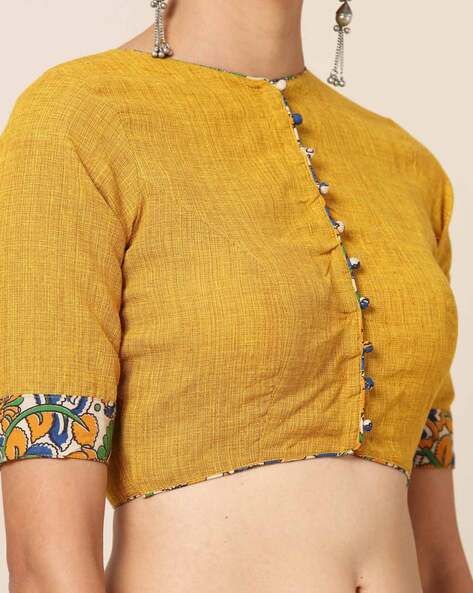 Mustard Blouse Designs, Mustard Yellow Blouse Designs, Yellow Blouse Design, Yellow Blouse Designs, Cotton Blouse Pattern, Mustard Yellow Blouse, Kalamkari Blouse, Blouse Designs High Neck, Cotton Blouse Design