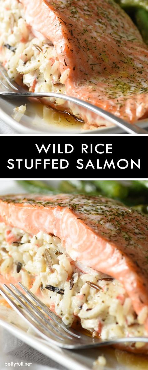 Wild Rice Stuffed Salmon Crab Stuff Salmon Recipes, Creamy Wild Rice, Small Dinner Party, Elegant Meals, Crab Stuffed Salmon, Stuffed Salmon, Garlic Butter Salmon, Fresh Salmon, Salmon Dishes