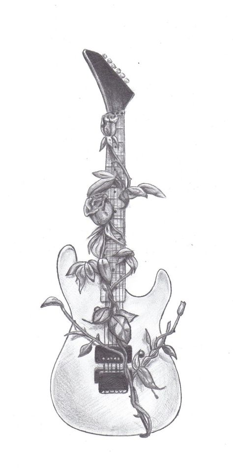 Guitar With Music Notes Tattoo, Base Guitar Tattoo, Cool Guitar Tattoos, Rock Guitar Tattoo, Drawings Of Guitars, Rock Music Drawing, Guitar Drawing Art, Drawings Of Music, Drawing Ideas Guitar