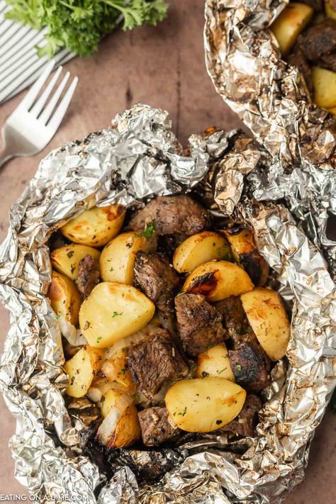 Steak and Potato Foil Pack Steak And Potato Foil Pack Grill, Steak In Foil Packet Oven, Aluminum Foil Steak And Potatoes, Campfire Potatoes Foil, Steak Potatoes Foil Pack In Oven, Steak Foil Packets For The Oven, Steak And Potato Foil Pack, Steak Bits, Tin Foil Meals