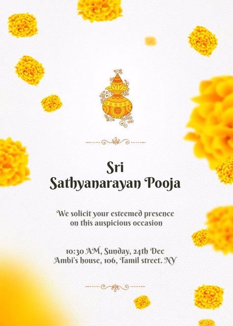 Online Invitation Card Designs - Invites Satyanarayana Pooja Invitation Card, Puja Invitation Card Design, Gauri Pujan, Pooja Invitation, Housewarming Invitation Cards, Farm Party Invitations, Indian Invitation, Invitation Card Maker, Indian Invitation Cards