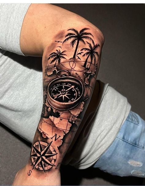 Half Sleeve Beach Tattoo For Men, Tattoos For Guys Forearm, Compass And Map Tattoo, Compass Tattoo Men, Nautical Tattoo Sleeve, Arm Tattoos For Guys Forearm, Wolf Tattoo Sleeve, Palm Tattoos, Men Tattoos Arm Sleeve