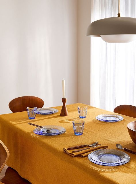 Mustard yellow textured tablecloth | Simons Maison | Printed Tablecloths | Kitchen & Dining | Simons Yellow Tablecloth, Linen Bath Towels, Yellow Textures, Set The Table, Tablecloth Fabric, Fall Days, Toy Kitchen, Warm Autumn, Kitchen Linens