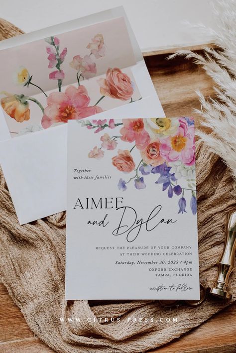 Floral Wedding Invitation Suite | Printable Template – Citrus Press Floral Pastel Wedding Invitations, Spring Theme Invitations, Summer Garden Wedding Invitations, Pastel Floral Invitation, Colorful Flower Wedding Invitations, Simple Spring Wedding Flowers, Wedding Invitation Spring, Wedding Invitation Colorful, Floral Wedding Invites