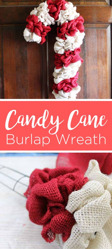 Burlap Candy Cane, Candy Cane Wreath Tutorial, Candy Cane Wreath Diy, Christmas Wreath Decor, Candy Cane Crafts, Christmas Wreath Craft, Candy Cane Decorations, Burlap Wreath Diy, Burlap Christmas Wreath