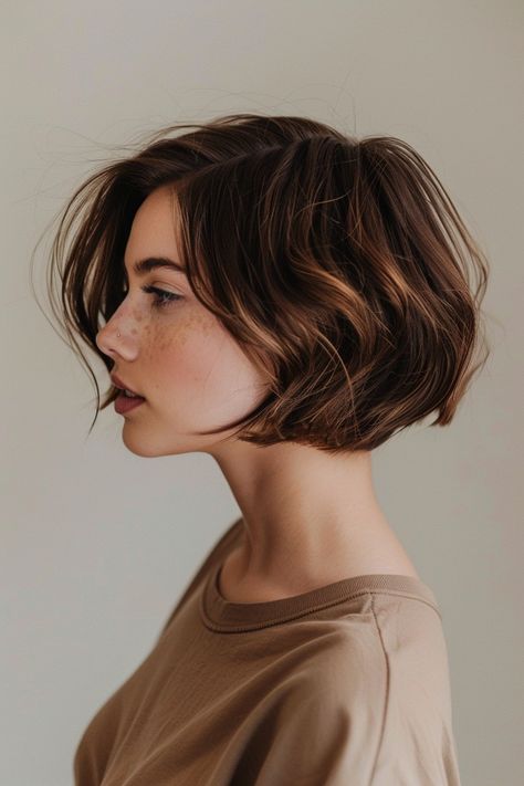 Bob Haircut Dress Outfit, Short Hairstyle Dark Hair, Brown Hair Colors Short Hair Brunettes, French Bob Haircut With Curtain Bangs, Bob Hairstyles With Bangs Round Face, Kate Winslet Short Hair, Short Rachel Haircut, Chestnut Bob Hair, Cute Short Bob Haircuts