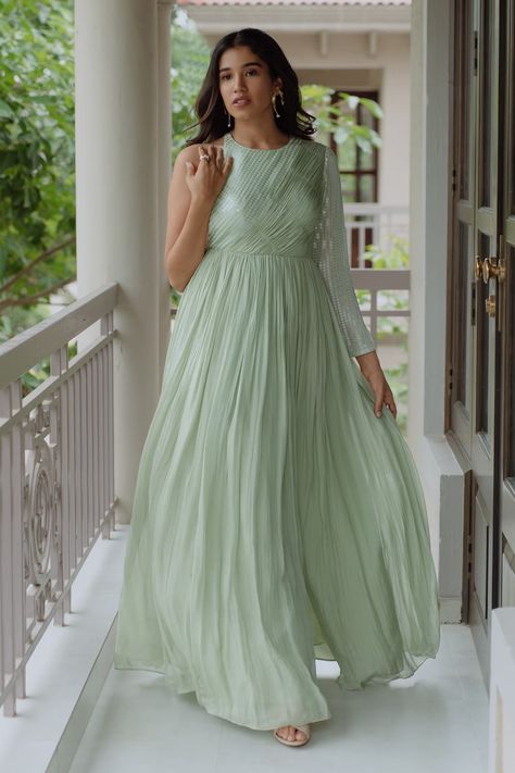 Buy Pinup By Astha Green Flat Chiffon Lyssa Sequin Gown Online | Aza Fashions Green Organza Floor-length Saree, Pista Green Georgette Floor-length Saree, Pista Green Floor-length Organza Lehenga, Embellished Pista Green Georgette Pre-draped Saree, Azazie Green, Bridal Maid Dress, Green Flats, Half Saree Designs, Green Gown