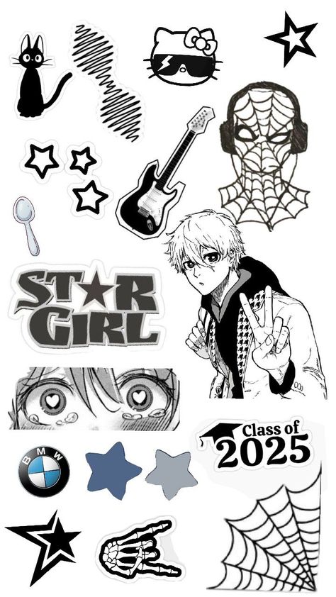 Phone Cover Stickers, Y2k Stickers, Blue Drawings, Rock N Roll Art, Sticker Design Inspiration, Cover Stickers, Deco Sticker, Canvas Learning, Cute Sketches