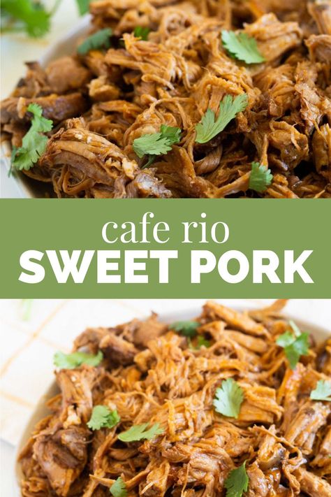 This Cafe Rio Sweet Pork is tender, juicy, and full of flavor! Just throw the ingredients in your slow cooker in the morning and it will be ready for dinner that evening – it’s that easy. This pork is the perfect addition to burritos, tacos, salads and more. #crockpot #caferio #sweetpork Copycat Cafe Rio Pork, Copycat Costa Vida Sweet Pork, Sweet Barbacoa Pork Cafe Rio, Cafe Rio Sweet Pork Recipe Crockpot, Cafe Rio Pork Barbacoa Recipe, Cafe Rio Barbacoa Pork Recipe, Cafe Mexicali Sweet Pork, Cafe Rio Copycat Recipes, Cafe Rio Recipes Copycat