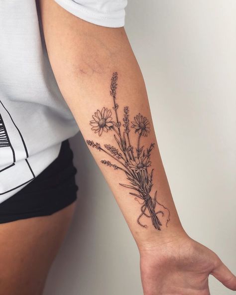 Flower Tattoo Wrap Around Arm, Top Of Leg Tattoo, Wildflower Hand Tattoo, Partial Arm Sleeve Tattoo Women, Tattoo Ideas Wild Flowers, Heartbeat Flower Tattoo, Bouquet Of Flowers Tattoo Forearm, Floral Inner Arm Tattoo, Flowers On Inner Arm Tattoo