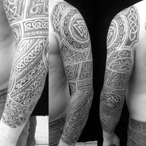 Amazing Celtic Knot Mens Full Sleeve Tattoo Design Isnpiration Knot Tattoos, Mens Full Sleeve Tattoo, Tattoos Arm Mann, Celtic Sleeve Tattoos, Viking Tattoo Sleeve, Celtic Knot Tattoo, Irish Tattoos, Full Sleeve Tattoo Design, Knot Tattoo