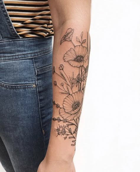 Birth Flowers Forearm Tattoo, Flower Lower Arm Tattoo Half Sleeves, Fineline Floral Sleeve Tattoo, Dainty Floral Half Sleeve Tattoo, Poppy Half Sleeve Tattoo, Fine Line Half Sleeve Tattoos For Women, Garden Half Sleeve Tattoo, Wildflower Arm Tattoo Half Sleeves, Wildflower Tattoo Drawing