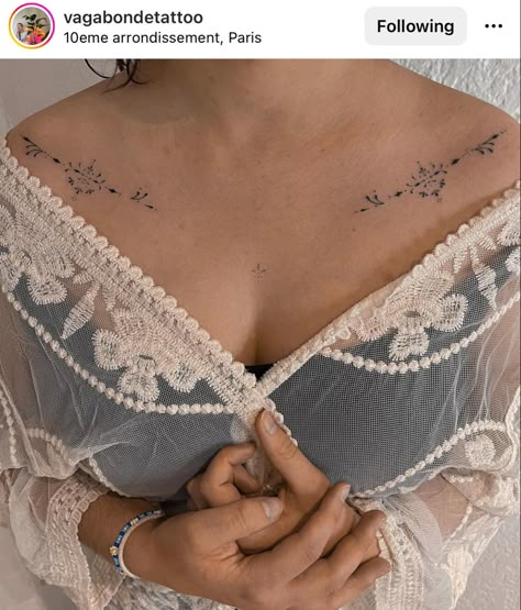 Ornamental Clavicle Tattoo, Chest Tattoo Female Collar Bone, Symmetrical Clavicle Tattoo, Collarbone Ornamental Tattoo, Saltburn Tattoo Ideas, Ornamental Tattoo Design Chest, Ornamental Collarbone Tattoo, Delicate Chest Tattoo, Ornamental Collar Bone Tattoo