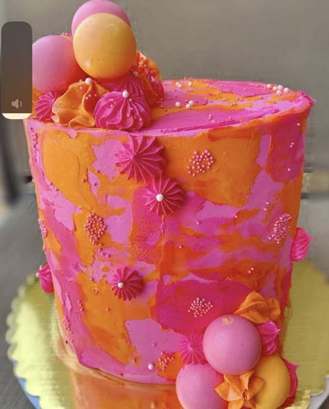 Orange And Pink 30th Birthday, Pink And Orange 18th Birthday, Neon Pink Cake Birthday, Pink And Orange Theme Birthday Party Ideas, Preppy Pink And Orange Birthday, Pink And Orange Cake Aesthetic, Pink Orange Gold Birthday Cake, Pink And Orange Birthday Cake Ideas, Pink Orange Blue Birthday Party