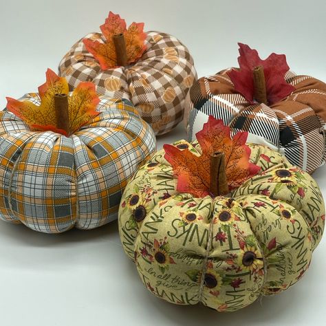 One Stuffed Fabric Pumpkin Of Your Choice Fall Farmhouse Thanksgiving Decor I Enjoyed So Much Making These Pumpkins! Pumpkins Are Approximately 5.5" Diameter. Price Is For One Pumpkin Please Let Me The Style Number Of The Pumpkin After Purchase Fall Fabric Pumpkins, Farmhouse Thanksgiving Decor, Easy Sew Fabric Pumpkins, Fabric Pumpkin Sewing Pattern, Diy Pumpkin Fabric, Cloth Pumpkins, Stuffed Pumpkins Fabric Pattern, Minki Kim, Halloween Sewing Projects