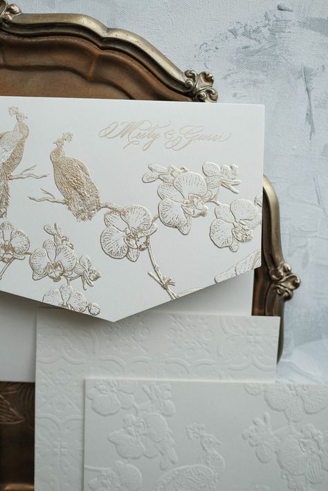 Peacock and Orchid Wedding — Veronica Halim Calligraphy Gold Wedding Invitation, Save The Date Luxury, Baroque Wedding Invitations, Orchid Invitation Wedding, Wedding Invitations Orchids, Orchid Invitation, Gold Embossed Wedding Invitations, Birds Wedding Invitations, Orchid Wedding Invitations