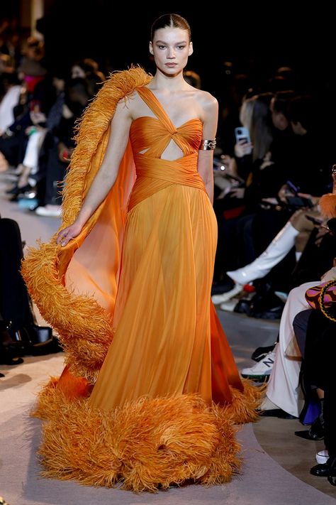 Citrine Dress, Orange Evening Gown, Orange Couture, Zuhair Murad Spring 2023 Couture, Orange Haute Couture, Zuhair Murad Orange, Orange Runway Fashion, Zuhair Murad Fall 2022 Couture, Grecian Dress