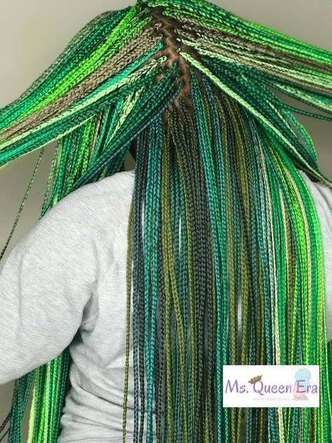 Green Hair Styles For Black Women, Blonde And Green Box Braids, Red And Green Box Braids, Green Braids Black Women, Braid Hairstyles Bridesmaid, Green Box Braids With Beads, Green And Brown Box Braids, Green And Brown Braids, Blue And Green Braids For Black Women