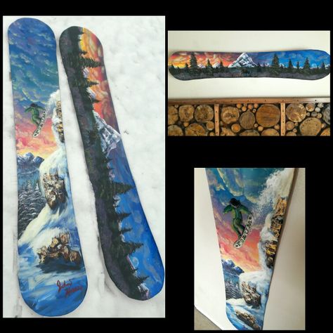 "Snowboard Art" Acrylic on full size wooden snowboards and sealed with liquid glass. Get yours or your significant other some art they can ride on! *note* Don't ride on it. #handmade #Snowboard #utah #mountain #moose #landscape #sunset #ride #skiutah #rideutah #ski #painting #art Painted Snowboard Diy, Painted Snowboard, Snowboarding Art, Custom Snowboards, Snowboard Decor, Ski Painting, K2 Snowboard, Colorado Snowboarding, Snowboard Art