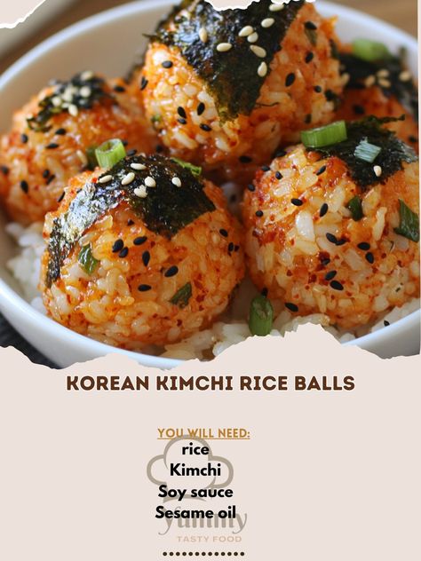 🍙 "Snack on these tasty Korean Kimchi Rice Balls—a fun and flavorful treat!" 🍙✨ #KimchiRiceBalls #KoreanSnacks Korean Kimchi Rice Balls Ingredients: Cooked rice (2 cups) Kimchi (½ cup, chopped) Soy sauce (1 tbsp) Sesame oil (1 tsp) Nori sheets (cut into strips) Sesame seeds (1 tsp) Green onions (for garnish) Instructions: In a bowl, mix rice, chopped kimchi, soy sauce, and sesame oil. Form the mixture into small balls. Wrap each ball with a strip of nori. Garnish with sesame seeds and gre... Nori Rice Balls, Kimchi Rice Balls, Fishball Recipe, Nori Sheets, Kimchi Rice, Korean Rice Cake, Korean Kimchi, Korean Rice, Korean Snacks