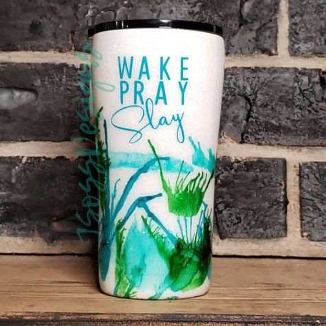 Wake.Pray.Slay. 20oz double wall tumbler by JSoss Designs Wake Pray Slay, Green And Turquoise, Double Wall Tumblers, Arizona Tea, Drinking Tea, Beverage Can, Tumbler, Turquoise, Canning