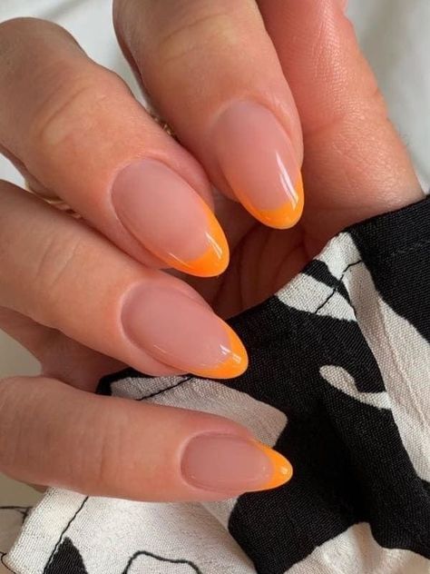 Pastel Orange Nails Almond, Pastel Orange French Tip Nails, Yellow Tip Nails, Pastel Orange Nails, French Nails Colored, Orange French Tip, Nail Designs And Colors, Swirl Nail, Pink Tip Nails