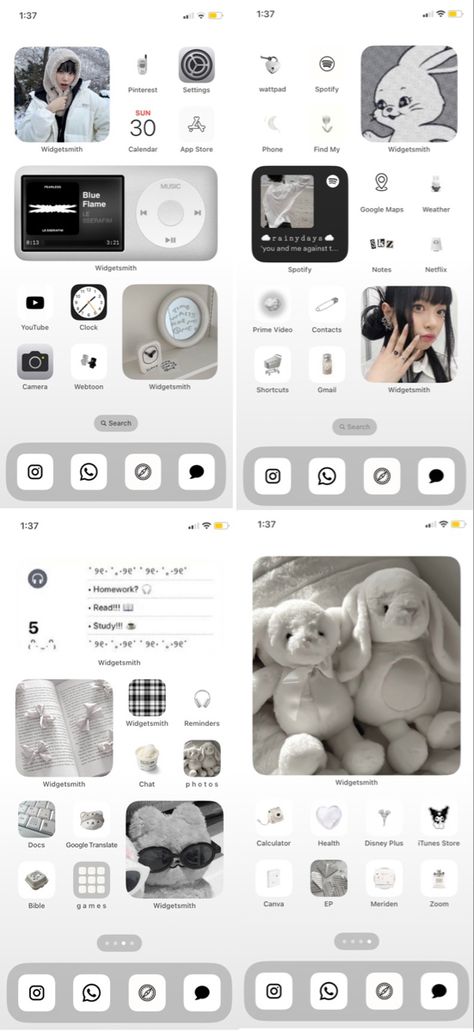 Phone Layout Ideas Black And White, Homepage Ideas Iphone, Iphone Home Screen Layout White, Grey Homescreen Ideas, Grey Phone Layout, Phone Decoration Ideas Homescreen, Aesthetic White Homescreen, Phone Inspo Home Screen, Iphone Layout Aesthetic