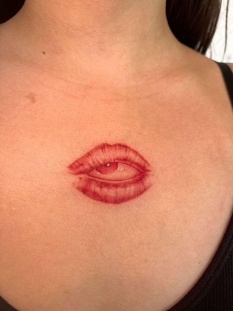 Tattoo Of Lips, Tattoos About Love, Lip Print Tattoos, Mouth Tattoo, Lips Tattoo, Kiss Tattoos, Whimsical Tattoos, Surreal Tattoo, Red Ink Tattoos