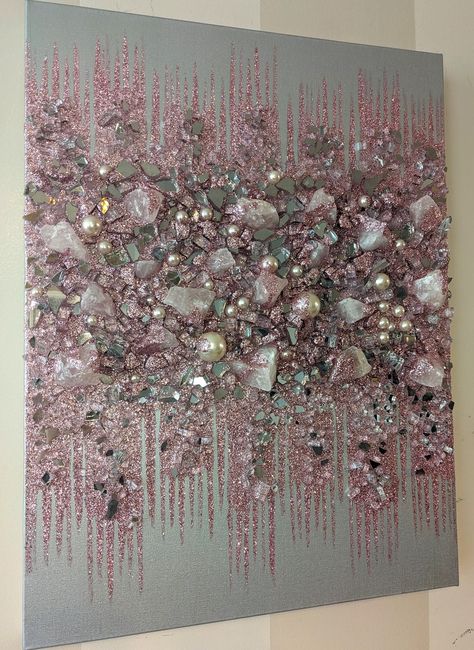 Rose Quartz Glam Glitter Glass Wall Art Glass Wall Art Pink - Etsy Crushed Glass Art On Canvas, Crystal Wall Art, Glitter Paint For Walls, Broken Glass Crafts, Blush Decor, Blush Walls, Glass Art Techniques, Glitter Wall Art, Glitter Wall