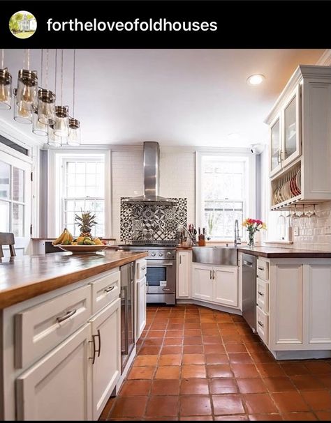 White Cabinets Terra Cotta Floor, Saltillo Floor Kitchen, Terracotta Floor Kitchen Color Schemes, Terracotta Floor White Walls, Spanish Tile Kitchen Floor, White Kitchen Cabinets Terra Cotta Floor, White Kitchen Terracotta Floor, Saltillo Tile Kitchen Color Schemes, Red Floor Tiles Kitchen