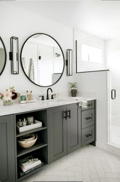 Black Hardware Bathroom, Bathroom Cabinet Colors, Grey Bathroom Cabinets, Green Bathroom Vanity, Dark Gray Bathroom, Home Inspo Living Room, Ideas For Bathrooms, Grey Bathroom Vanity, New House Bathroom