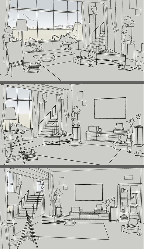 How To Draw Perspective Room, Room Background Drawing Reference, Perspective Background Drawing, Inside Of A House Drawing, Interior Design Drawing Tutorial, Dream Room Sketch, Drawing A Room In Perspective, Comic Interior Design, Draw Room Perspective