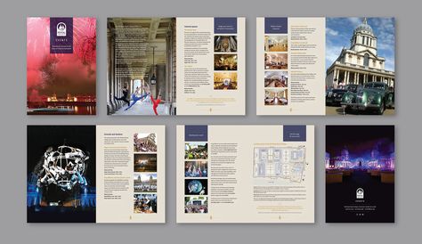 Design for Old Royal Naval College's venue hire for events brochure. Event Brochure Design Layout, College Brochure Design, Wedding Venue Brochure Design, Academic Brochure Design, University Brochures, Event Brochure, Brochure Design Layout, Event Hall, Brochure Layout