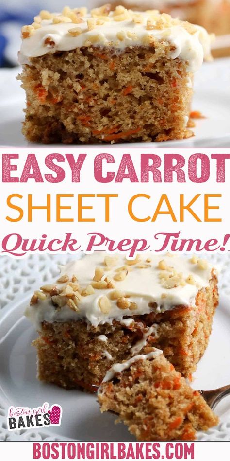 This easy carrot sheet cake is perfect for your Easter celebration. Not only easy but also super quick to throw together too. Frost with a perfect cream cheese frosting to make the best carrot sheet cake! Putting vegetables in cakes make them healthier. Just one of the lies I tell myself. Like I’ll get to the gym every day this week. I mean just little white lies slathered in cream cheese frosting. | @bostongirlbakes #easycarrotcake #carrotsheetcakerecipe #easyeasterdessertrecipes #carrotcake Carrot Sheet Cake With Cream Cheese Whip, Sheet Carrot Cake Recipe, Sheet Pan Carrot Cake Recipe, Boxed Carrot Cake Hacks, Sheet Pan Carrot Cake, Carrot Sheet Cake Recipe, Vanilla Cake Recipe Moist, Pecan Carrot Cake, Easter Bark Recipe