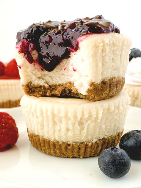 Vegan & Gluten Free Mini Cheesecakes (Refined Sugar Free option & Multiple Topping options) Dairy Free Cheesecake, 2024 Recipes, Paleo Baking, Vegan Cheesecake, Vegan Cream Cheese, Vegan And Gluten Free, Coconut Whipped Cream, Cheesecake Bites, Baked Goodies